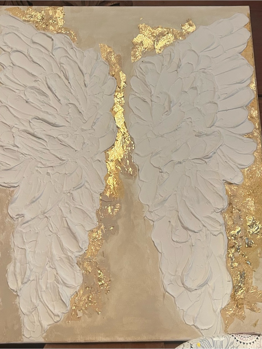 Textured White Angel Wings 20x16 Canvas with Gold Leaf Accents
